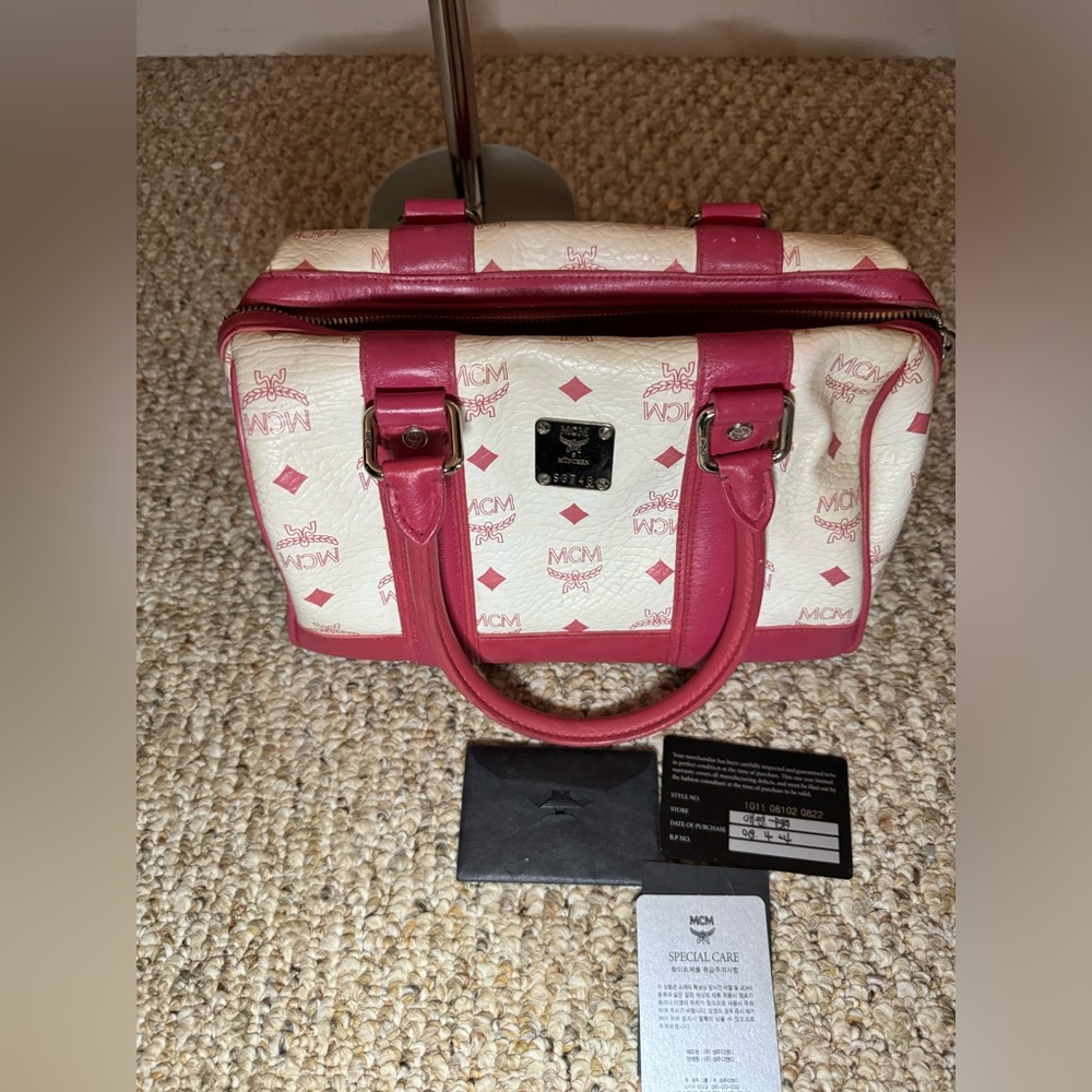 MCM Monogram Satchel Pink and White Speedy Style Bag 11x7x7 w/ 6" handle drop